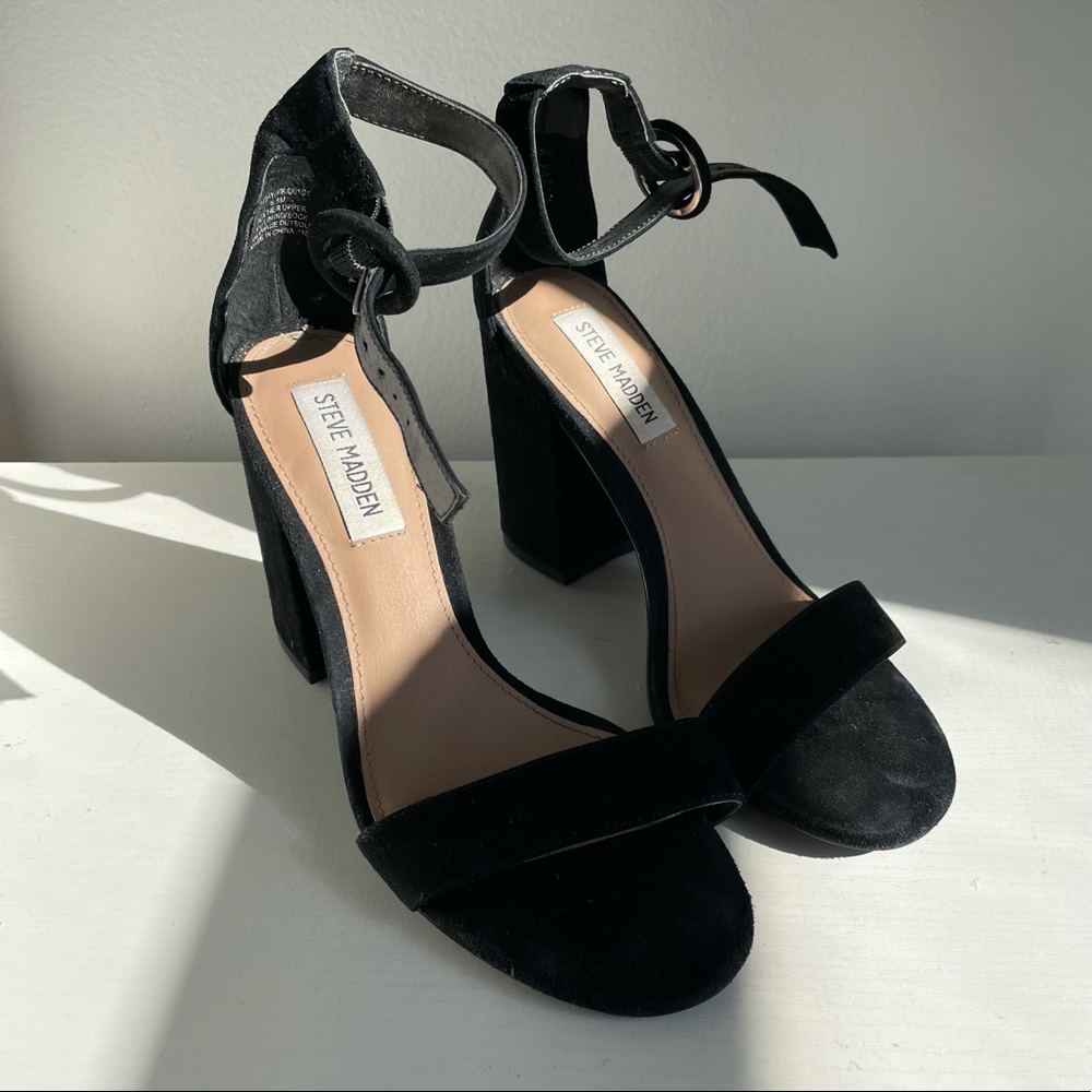 Black suede ankle strap heels